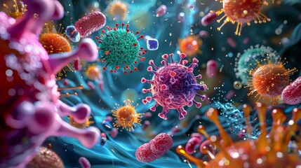 3D render of a vibrant depiction of the human immune system at work, showing various immune cells actively engaging with invading pathogens