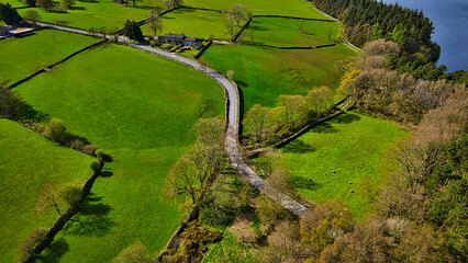 Aerial View of Green Landscape and Winding Road in North Yorkshire