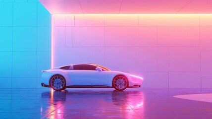 A concept car in a futuristic style in neon light