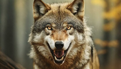 Obraz premium a snarling wolf looking at the camera in its natural habitat