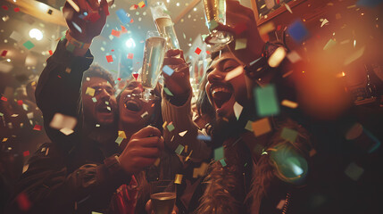 Festive Party with Confetti and Celebratory Atmosphere: Young Crowd in High Spirits - obrazy, fototapety, plakaty
