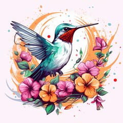 Obraz premium A hummingbird is perched on a flower with pink and orange petals