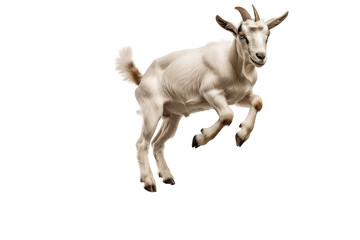 A goat gracefully jumps through the air against a blank white background