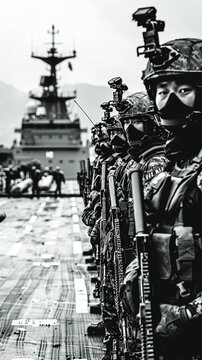 Visualize the tension and threat of invasion between China and Taiwan, with military forces on high alert and diplomatic efforts to defuse the situation Capture the anxiety and uncertainty of this geo