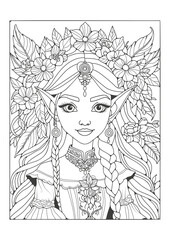 Coloring page for art therapy for children and adults. Illustration depicting a fairy-tale character, a girl elf with long ears and hair decorated with flowers. Art line.