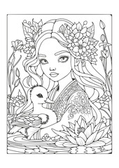 Coloring page for children and adults. Illustration for coloring with the image of an undine and a white swan in a pond. Art therapy. Hobby.