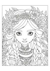 Coloring page for children and adults, illustration for coloring. Art therapy. Portrait of a girl with a beautiful hairstyle decorated with flowers.