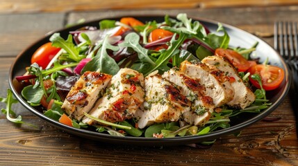 Healthy food of chicken fresh vegetables salad on wooden plate. AI generated image