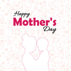 Happy Mothers Day, silhouette of mother holding son with love against premium pattern, white background. Pink typography of Happy Mother's day. Editable. EPS 10
