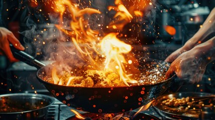 Closeup chef hands holding pan with fire to cooking a food with pan in kitchen. AI generated image