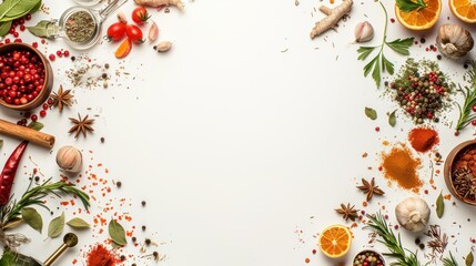 Top view flat lay food spices, herbs and utensil copy space on white background. AI generated