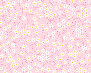 Spring seamless pattern. Cute delicate simple pattern with small flowers and buds. White flowers on a pink background. Summer pattern. Vector pattern for design and fashion prints. Daisies.