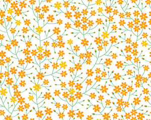 Spring seamless pattern. Cute delicate simple pattern with small flowers, branches and buds. Yellow flowers on a white background. Summer pattern. Vector pattern for design and fashion prints. 