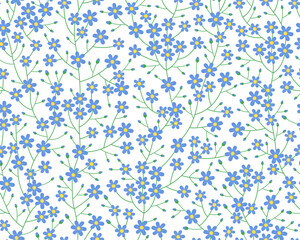 Spring seamless pattern. Cute delicate simple pattern with small flowers, branches and buds. Blue flowers on a white background. Summer pattern. Vector pattern for design and fashion prints. 