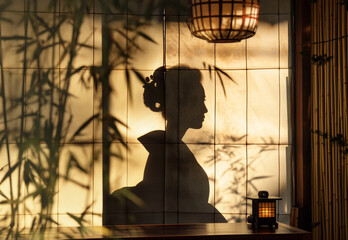 Silhouette of a geisha seen through a shoji screen with bamboo shadows, AI-generated.