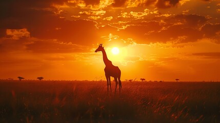 Animal silhouette on African savanna, sunset, wide angle, golden light and dark shadows