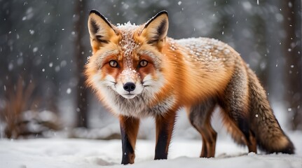 Fototapeta premium A magnificent red fox with shimmering snowflakes on its fur looks straight into the camera, its sharp eyes reflecting the snow falling.