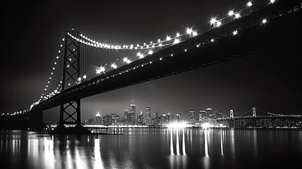 Bridge silhouette with city lights behind, night, eye-level shot, monochrome with light accents