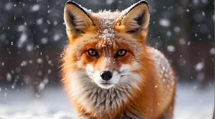 Obraz premium A magnificent red fox with shimmering snowflakes on its fur looks straight into the camera, its sharp eyes reflecting the snow falling.