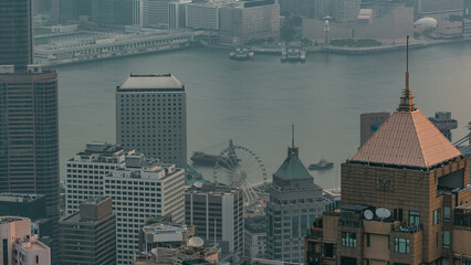 View of Hong Kong from Victoria peak in a foggy morning timelapse.