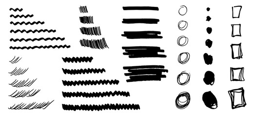 Collection Set Bundle of hand drawn brush strokes, waves circles and squares with rough edges, paintbrush vector shapes for painting or drawing, poster design elements