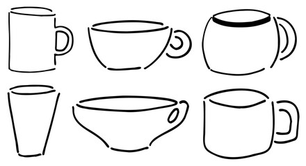 Collection Set Bundle of hand drawn abstract cups with handle for coffee or tea, drink or beverage symbols, vector doodles illustrations poster design elements