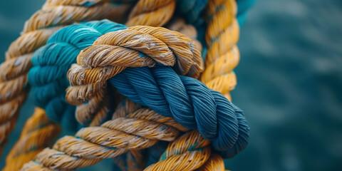 Different ropes are woven into a knot. Teamwork concept. Background with selective focus and copy space 