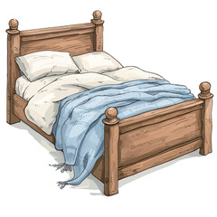 Vector illustration of a wooden bed with pillows. Hand drawn bed.