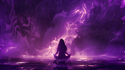 Woman sitting in a lotus position surrounded by purple flame. Back view. Copy space for text. Cleansing meditation concept. 