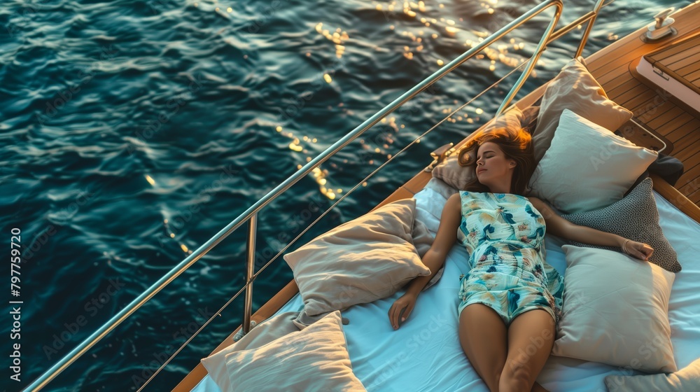 Wall mural top view of young woman sleeping on the boat or yacht