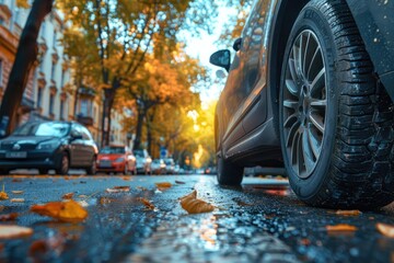 Car on wet asphalt close-up, autumn road outside. Wheel in the foreground