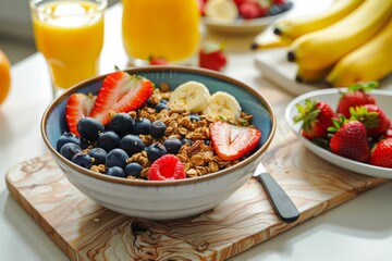 Healthy cereal fruit bowl breakfast served with refreshing orange juice, ideal for starting the day with nutritious and delicious flavors