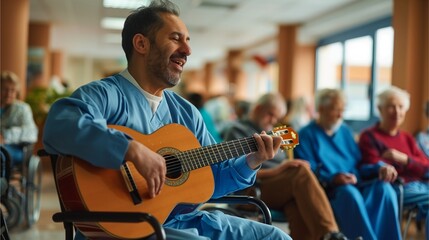 A male nurse or docter was sitting in the middle of the room playing a guitar. Several elderly...