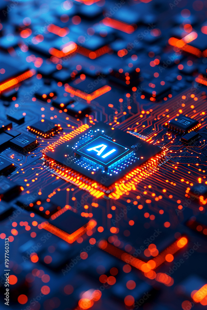 Poster a computer motherboard with a state-of-the-art ai processor. ai generative.