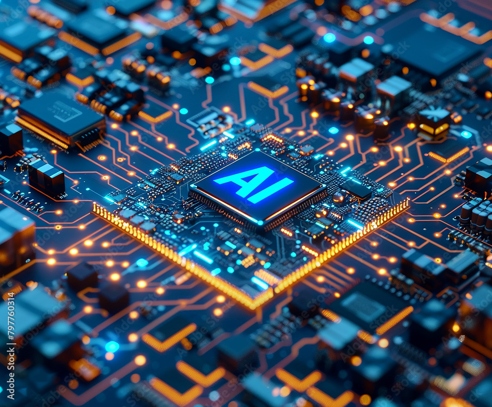 Poster a computer motherboard with a state-of-the-art ai processor. ai generative.
