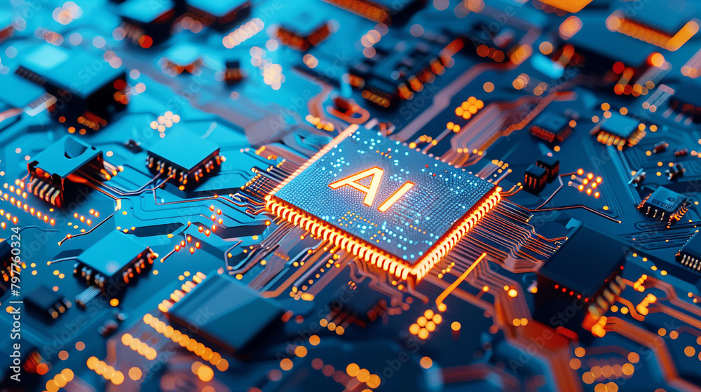 Poster a computer motherboard with a state-of-the-art ai processor. ai generative.