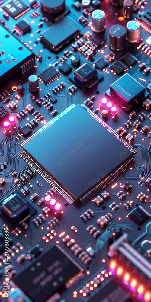 Poster a computer motherboard with a state-of-the-art ai processor. ai generative.