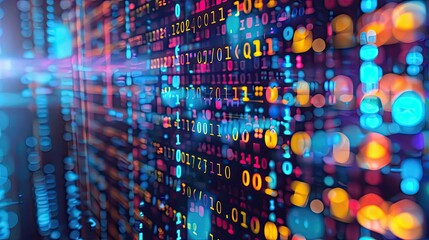Obraz premium Binary code flowing on a computer screen, representing data analysis