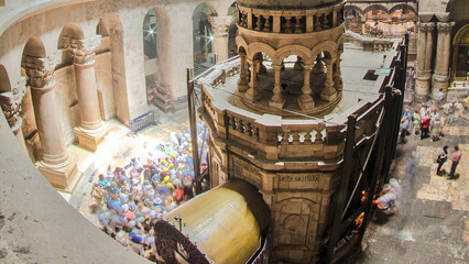 The Holy Sepulchre Church inside from top in Jerusalem timelapse.