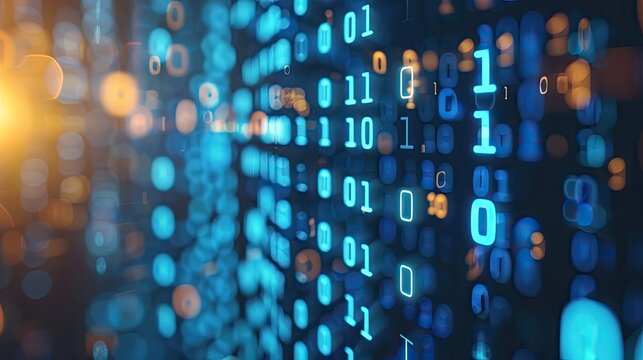 Binary code flowing on a computer screen, representing data analysis