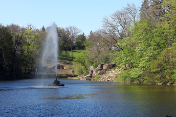Fountain among the lake in the park
