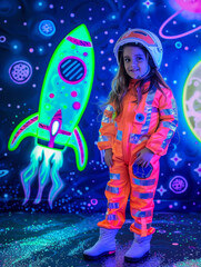 A young girl in an orange jumpsuit stands in front of a neon green rocket