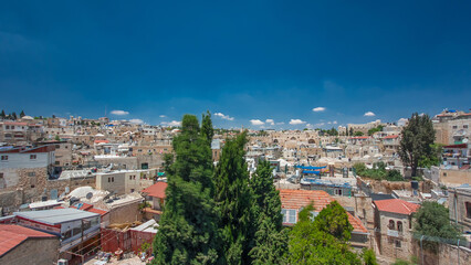 Obraz premium Skyline of the Old City in Jerusalem with historic buildings aerial timelapse hyperlapse, Israel.