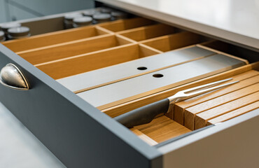 Close-up photo of dividers in modern kitchen drawer