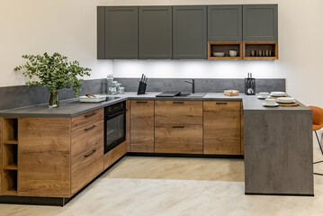 Modern kitchen with wooden and gray cabinets