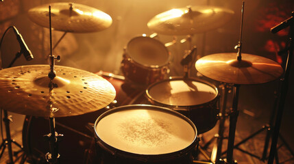 Obraz premium Drum set bathed in warm amber light on a performance stage.