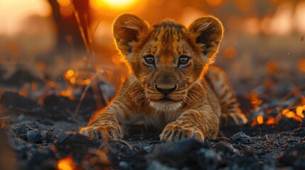 African Lion, Young Kitten. Botswana Wildlife. Lion, Fire Burned Destroyed Savannah. Hot Season In...
