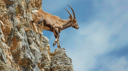 Mountain goat deftly climbs a sheer cliff against a clear sky.
