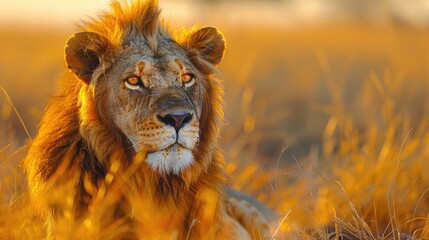 African Lion, Young Male. Botswana Wildlife. Lion, Close-Up Detail Portrait In Golden Grass -...