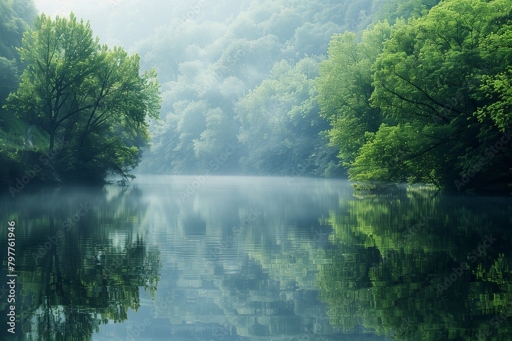 Sticker River flowing through a misty forest under a clear blue sky, AI-generated.